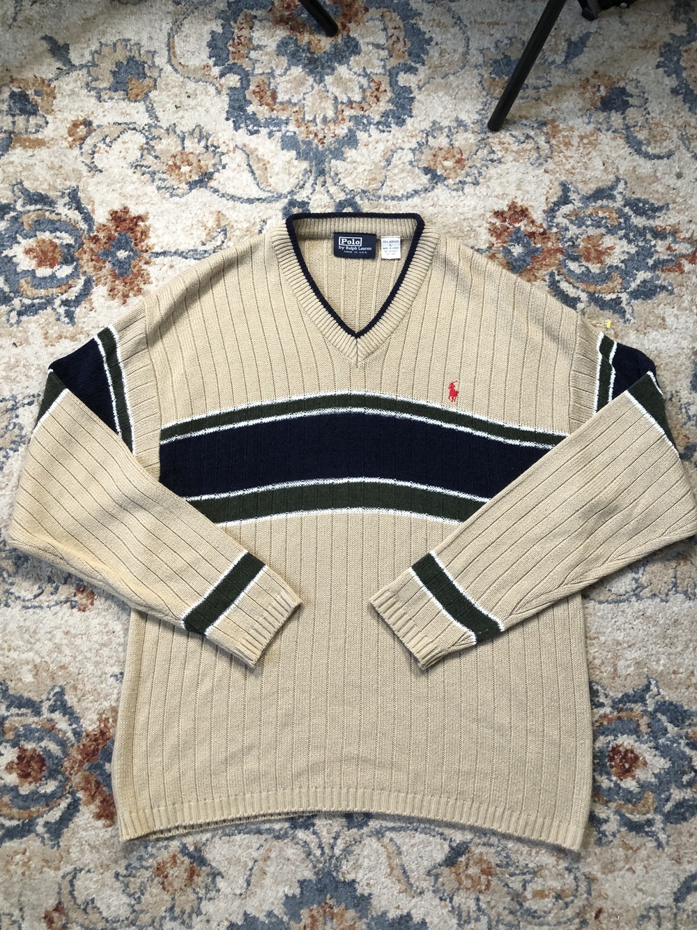 Vintage Polo Ralph Lauren Sweater Mens Large Striped V Neck Pullover 90s